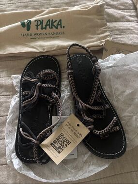 Plaka Women's Black Sandals with Brown Braided Straps